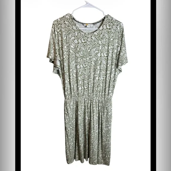 Boden Flutter Sleeve Floral Jersey Dress In Green Ivory W Pockets Size 12L - Picture 2 of 7